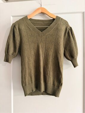Olive Knit V-Neck Short Sleeve Sweater